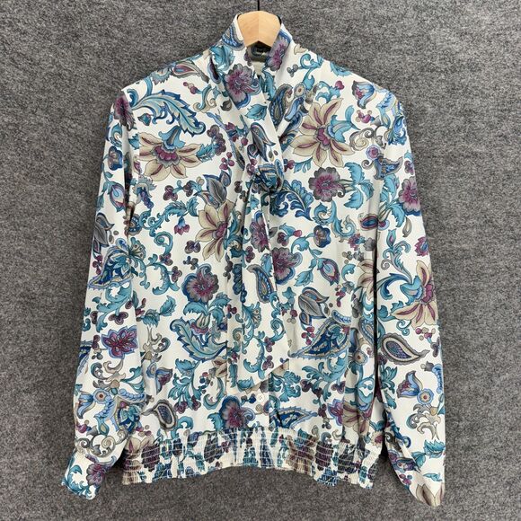 Alfred Dunner Blouse Women 10 White Floral High Neck Tie Up Long Sleeve Casual - Picture 1 of 6